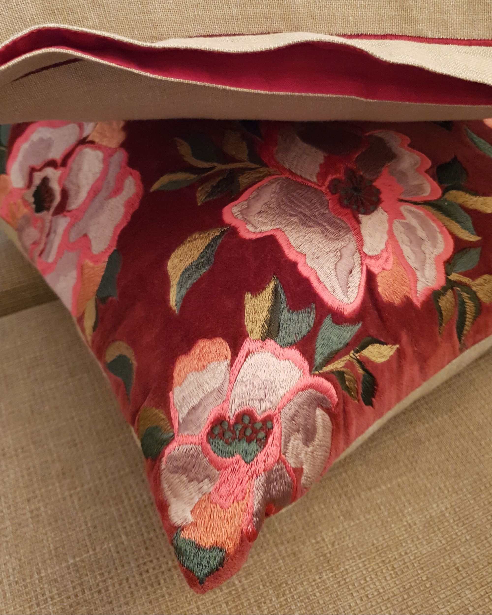 Blooming rose embroidered cushion cover by MODERN ELEMENTS The Secret