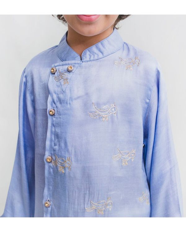 Cornflower blue bird embroidered asymmetrical kurta and Pyjama Set - Set Of Two 1