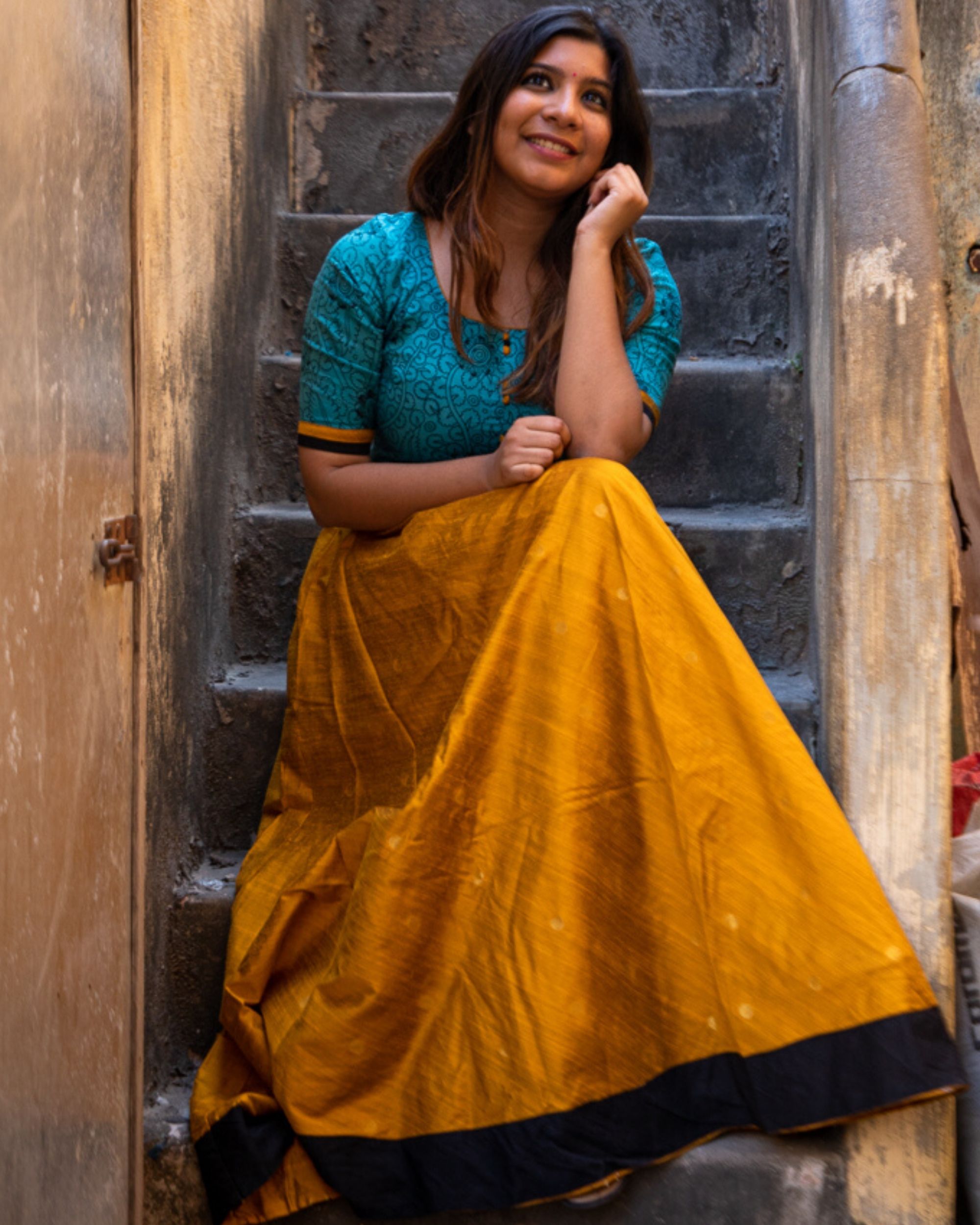Mustard yellow and blue yoke flared dress by Ekanta | The Secret Label