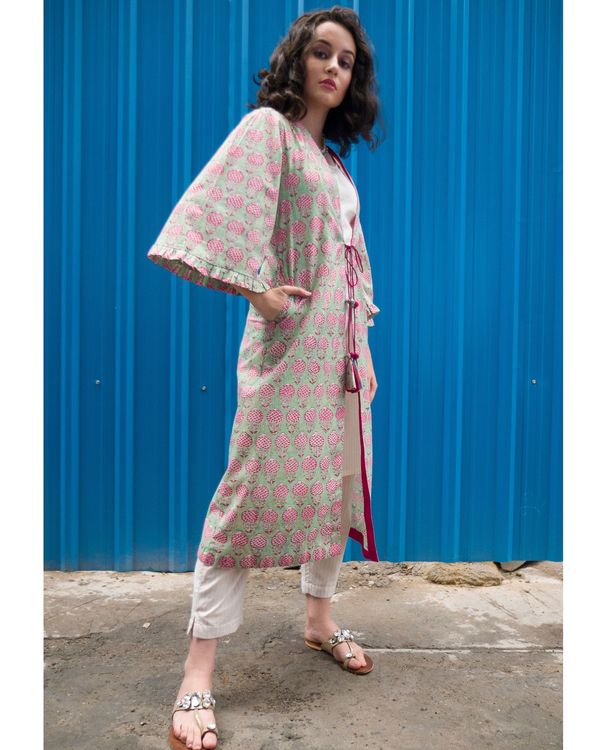 Ecru kurta and pants with pistachio cover-up- Set Of Three 2