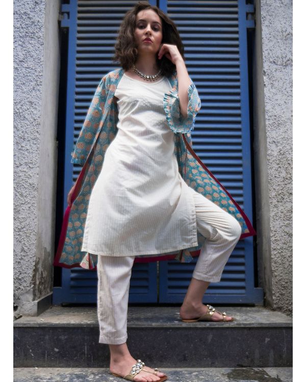 Ecru kurta and pants with sky blue cover-up- Set Of Three 1