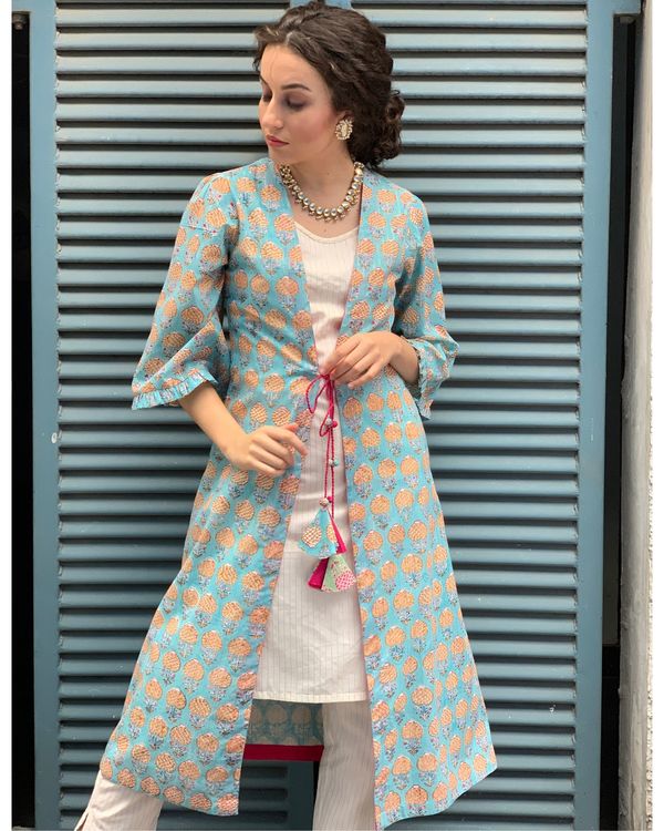 Ecru kurta and pants with sky blue cover-up- Set Of Three 2