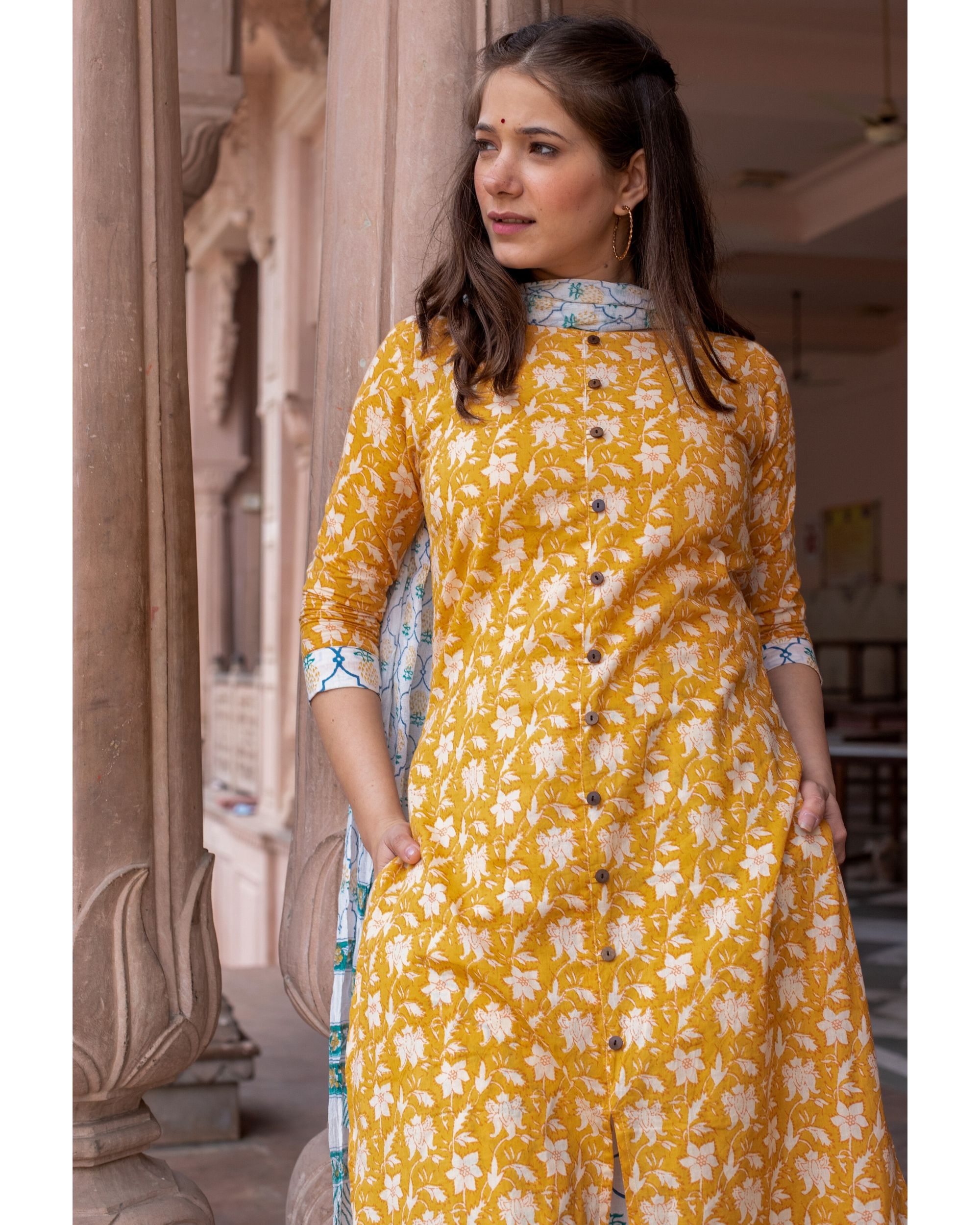 Mustard yellow floral buttoned kurta and pants with dupatta- Set Of ...