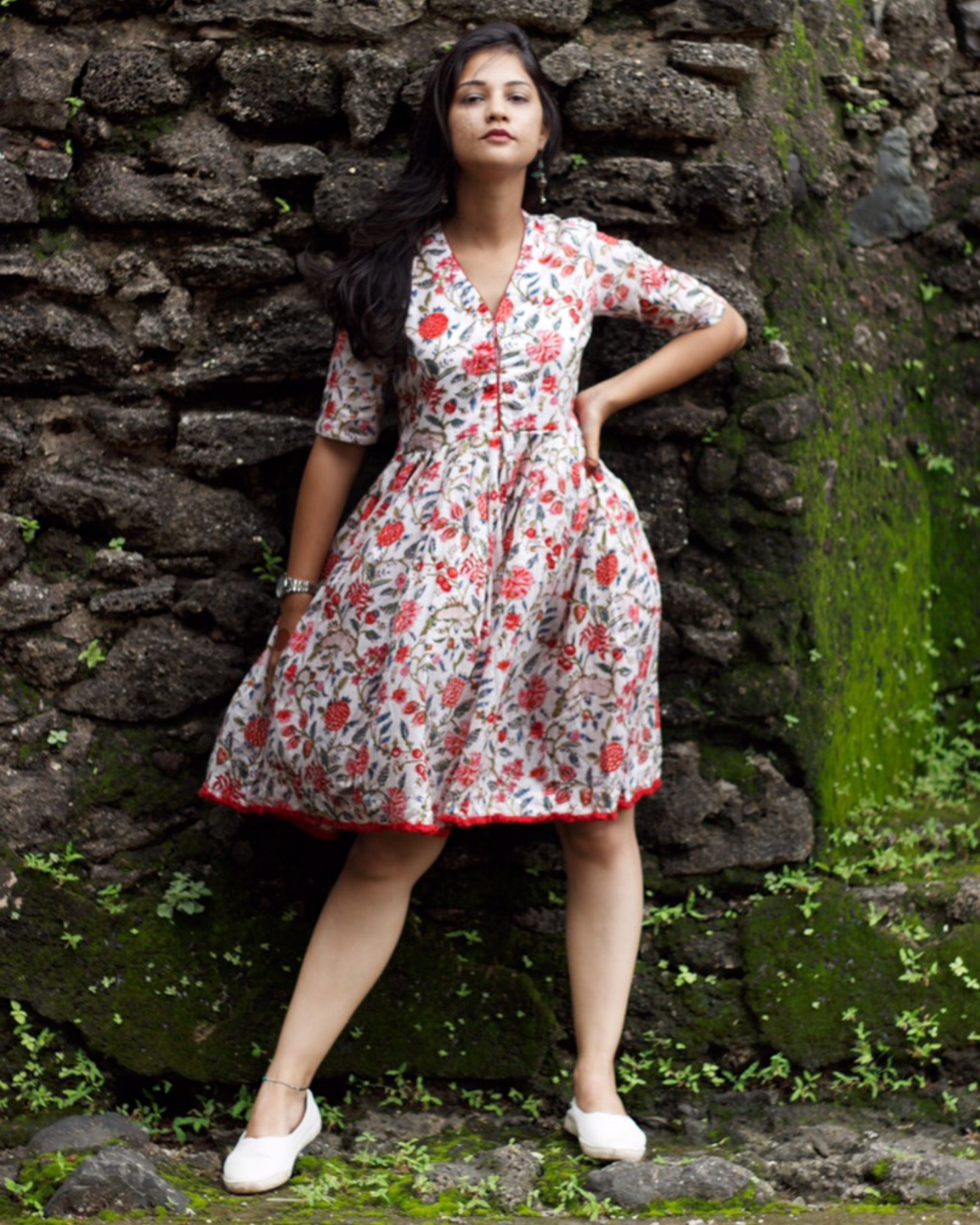 white dress with red floral print