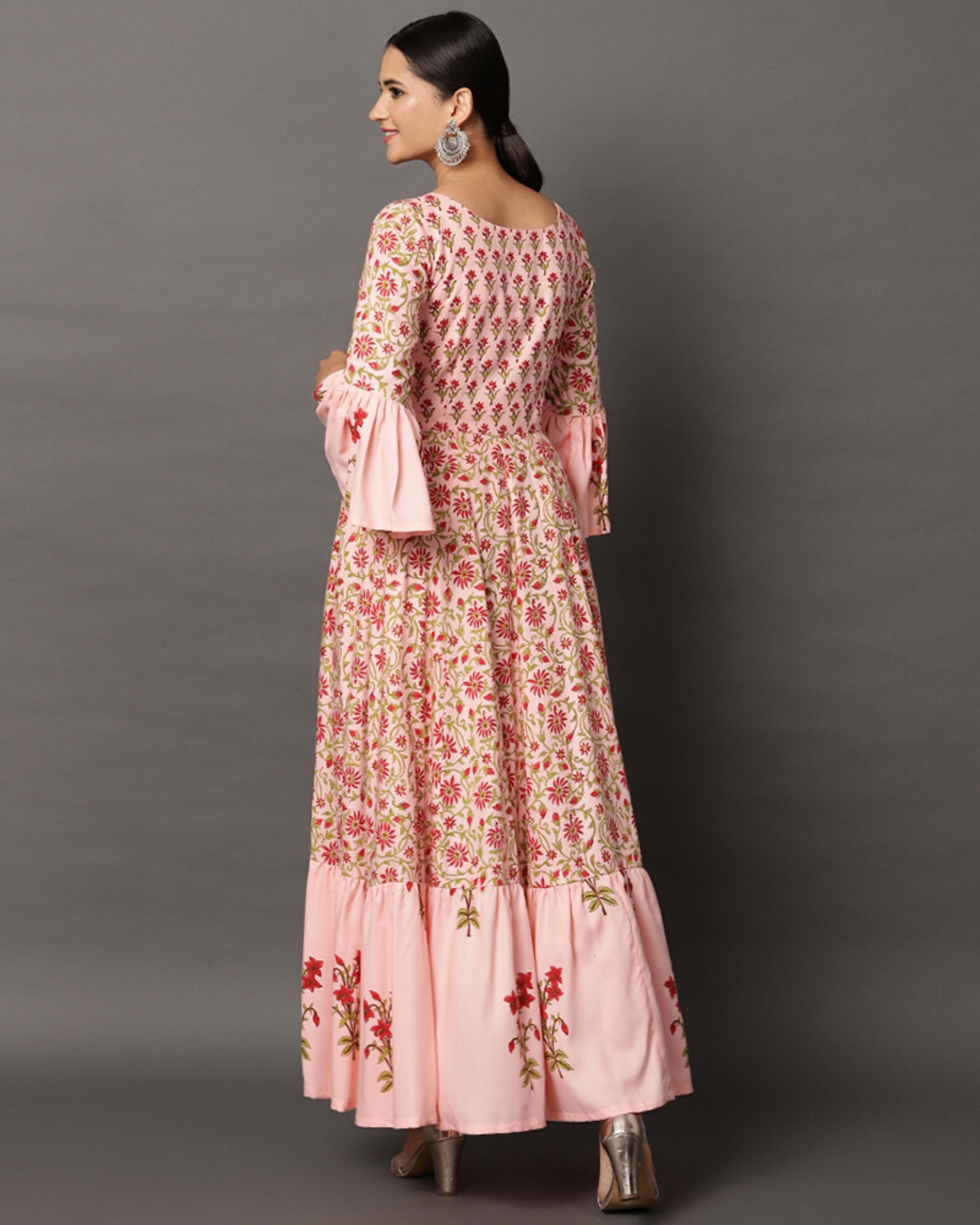 Peach tiered floral ruffled maxi dress by Rivaaj | The Secret Label