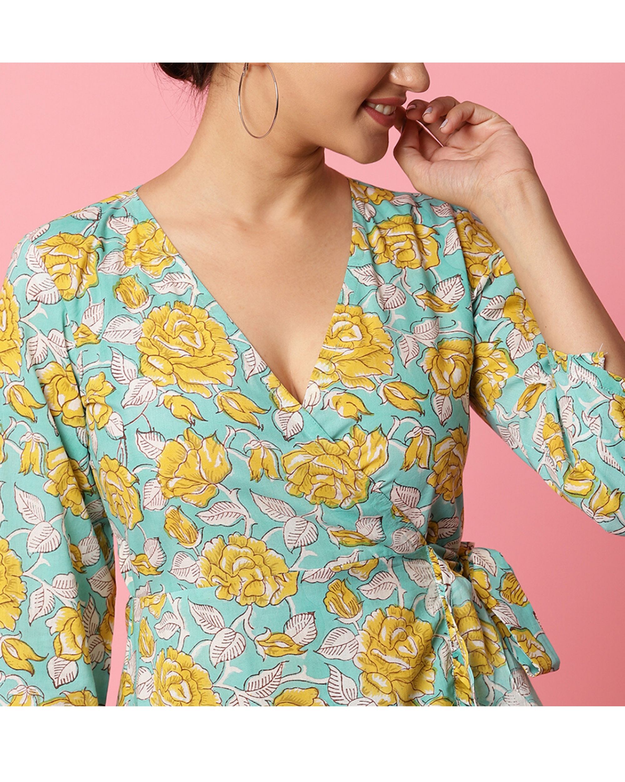 Sea blue and yellow floral wrap maxi dress by Rivaaj | The Secret Label