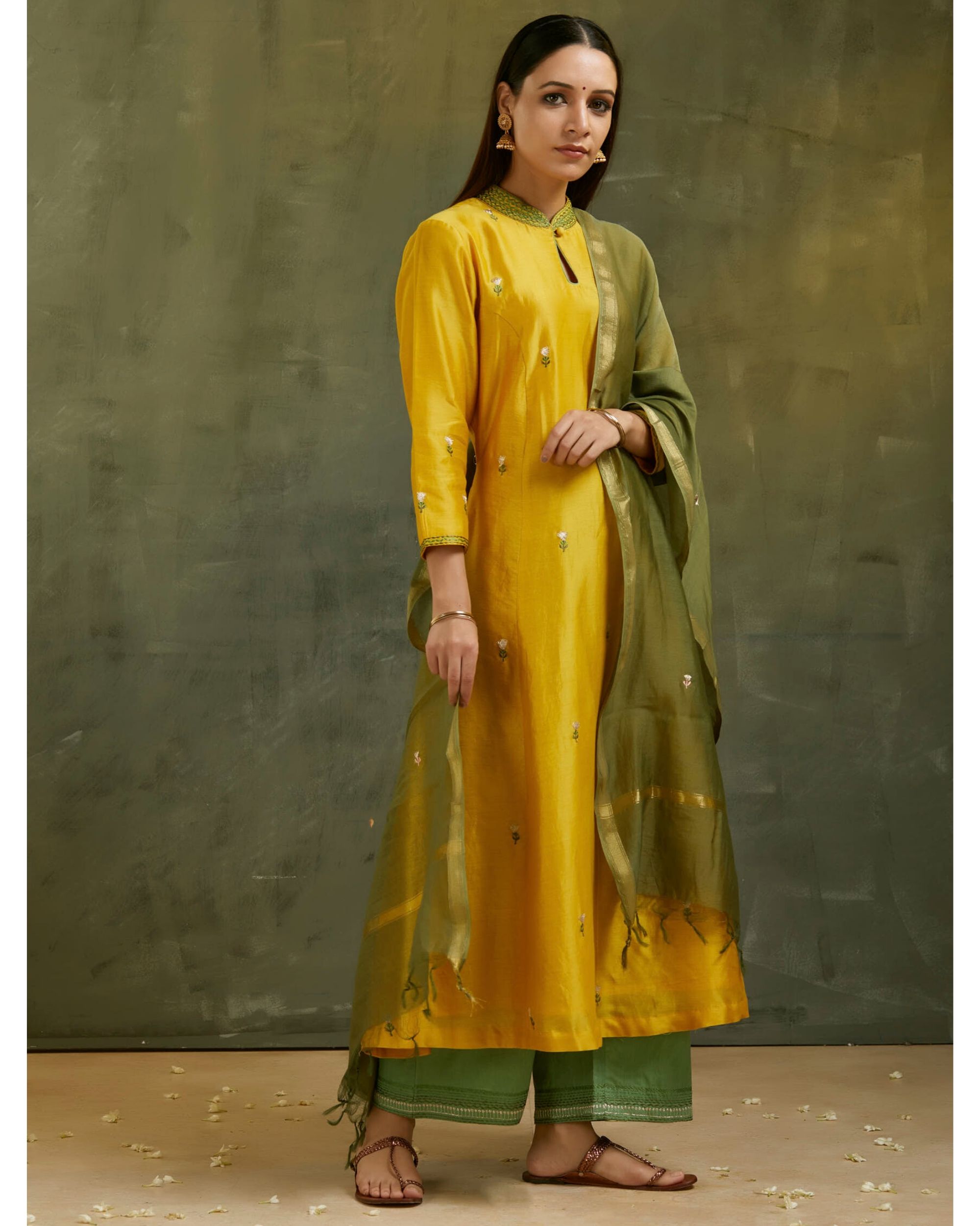 Mustard yellow floral embroidered kurta and pants with dupatta Set Of