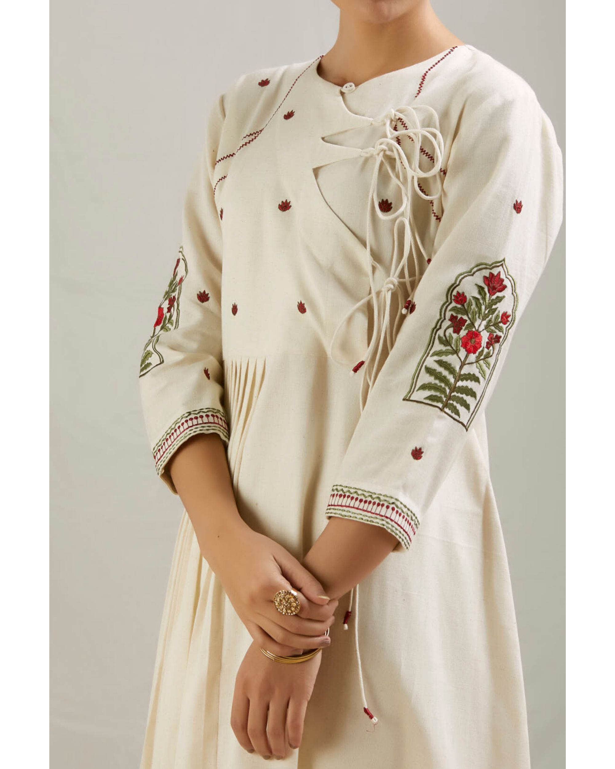 Ivory Floral Embroidered Angarkha Kurta By Purple Panchi The Secret Label 1577