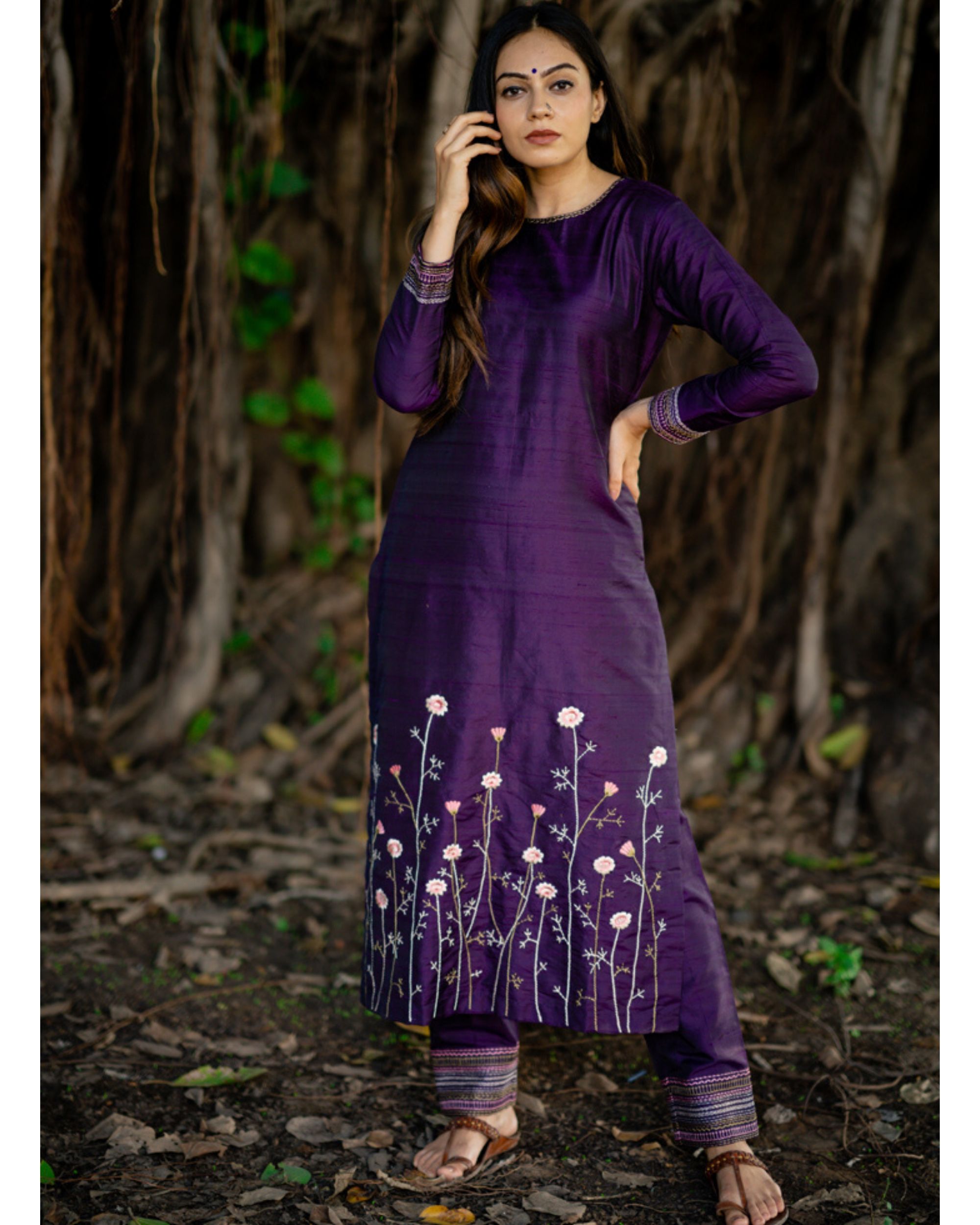 Purple Floral Embroidered Raw Silk Kurta By Purple Panchi The Secret 4922