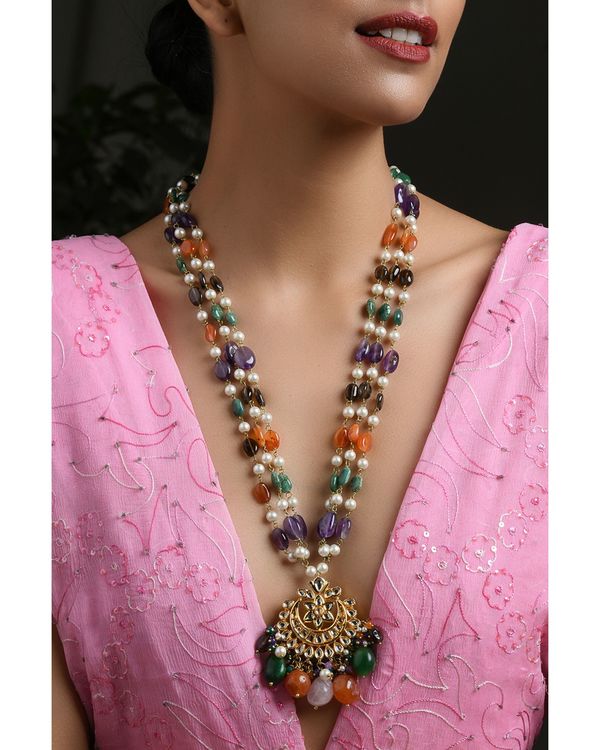 Multicolored stones and pearl strings neckpiece with chandbali pendant 2