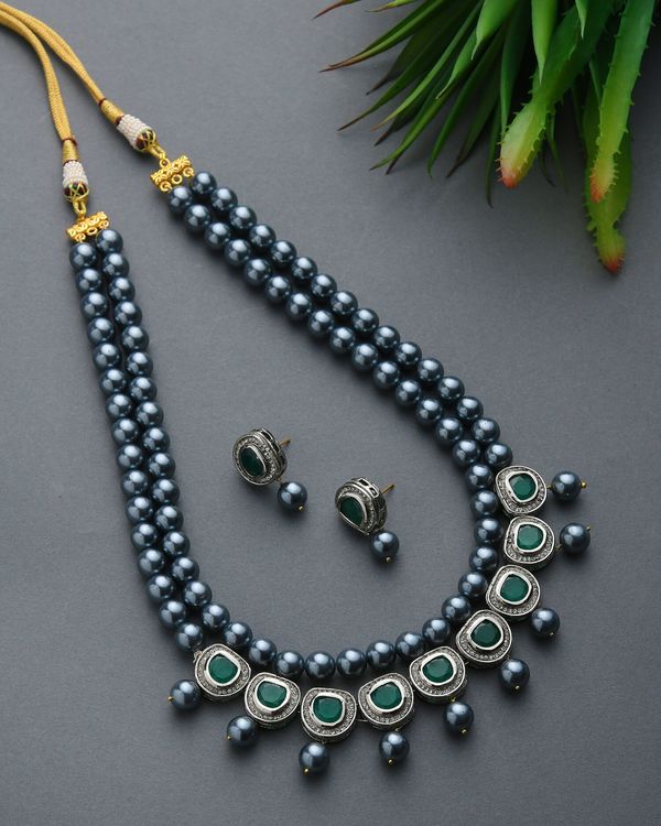 Grey shell pearls and green polki two tiered neckpiece with earrings - set of two 2