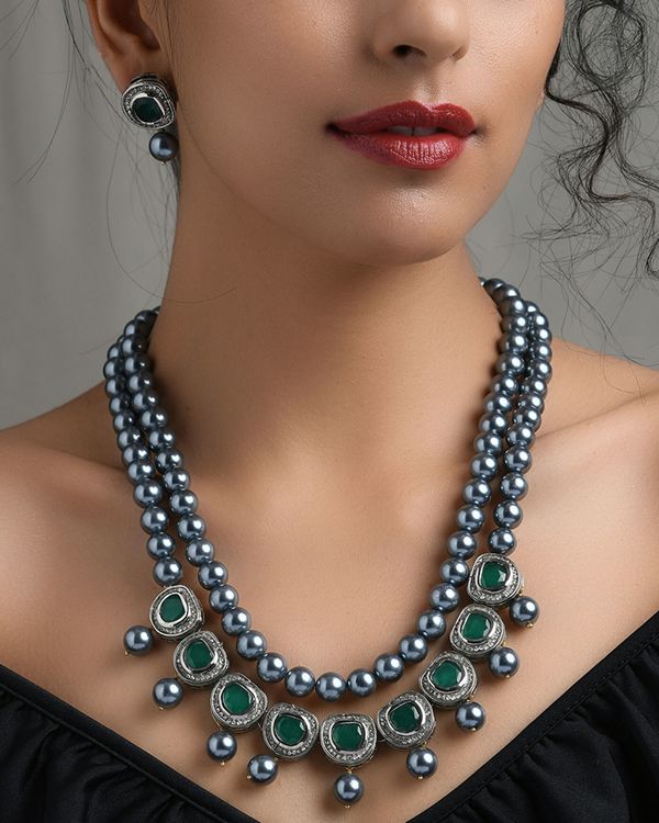 Grey shell pearls and green polki two tiered neckpiece with earrings - set of two 3