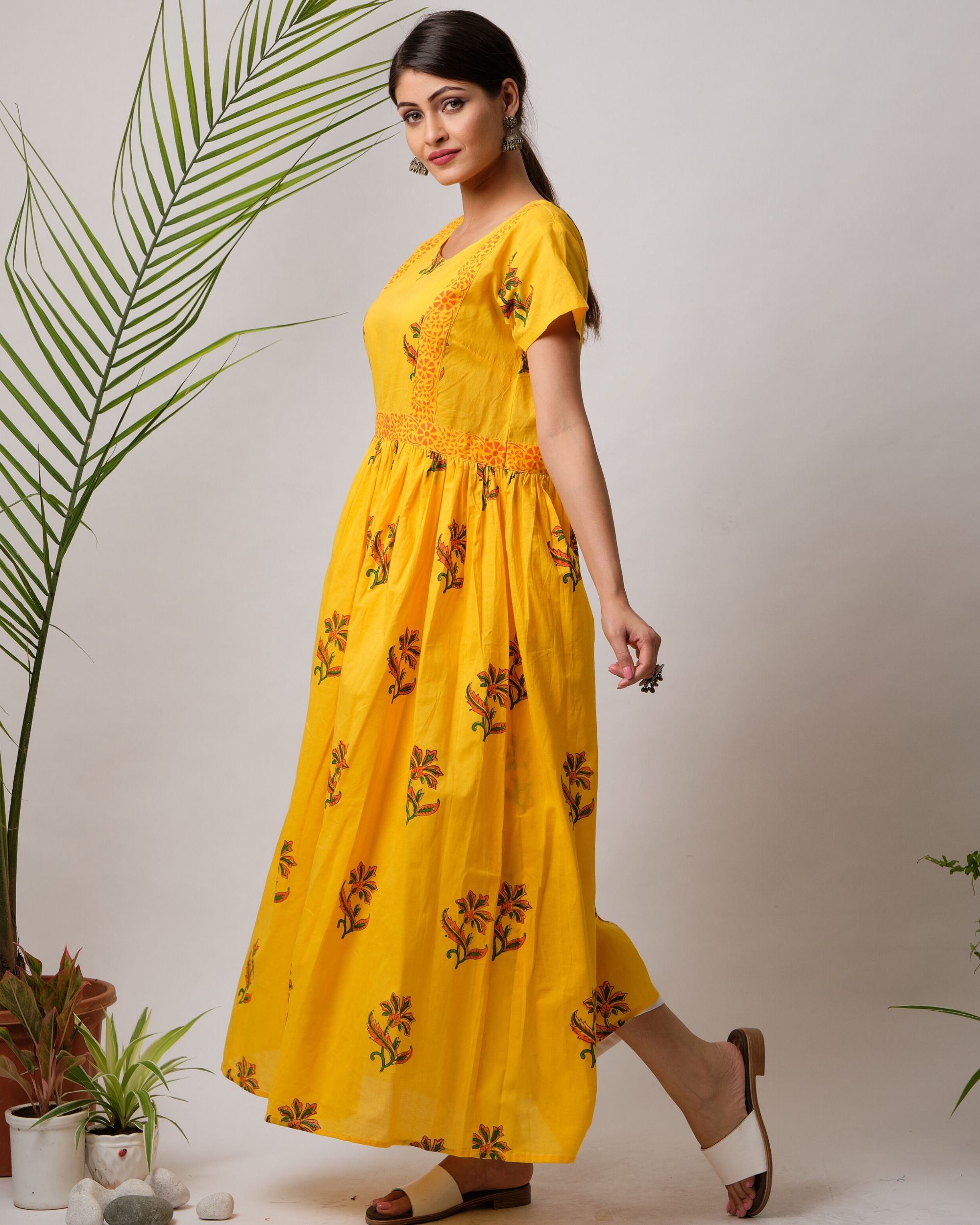 Mustard yellow floral gathered dress by Free Living | The Secret Label
