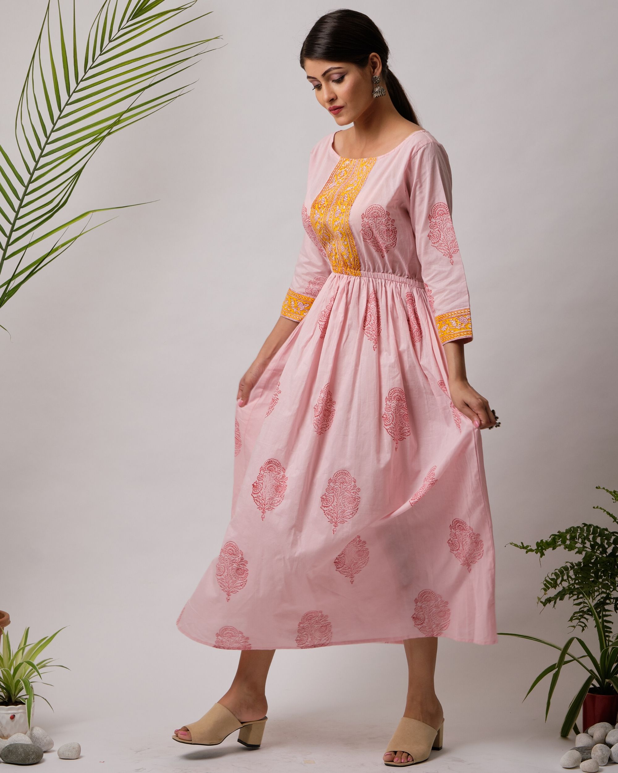 Pink and orange panel printed gathered dress by Free Living The