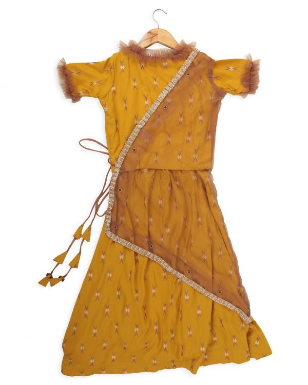 Mustard yellow and brown ghagra set with net jacket - set of three 1
