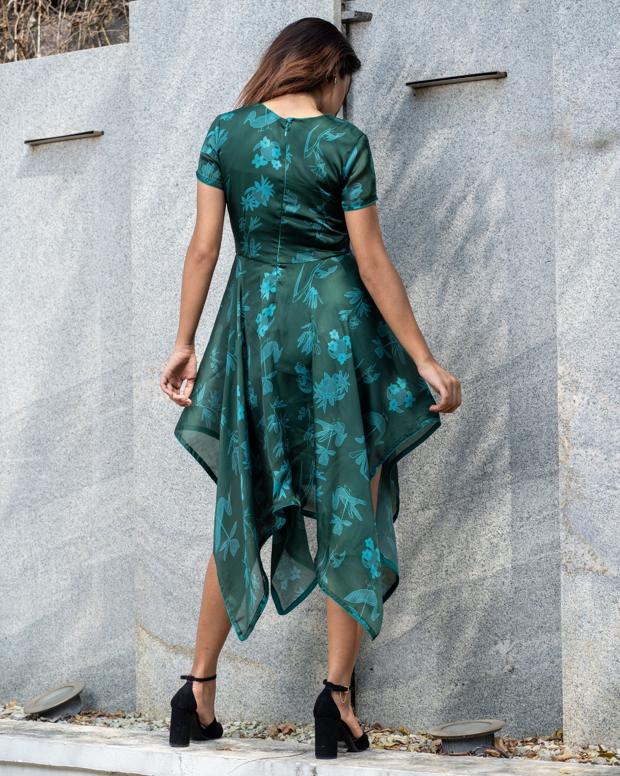 Bottle green printed handkerchief dress by The Weave Story | The Secret 