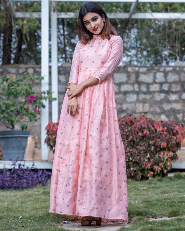 Pink embroidered box pleated chanderi dress by The Weave Story | The ...