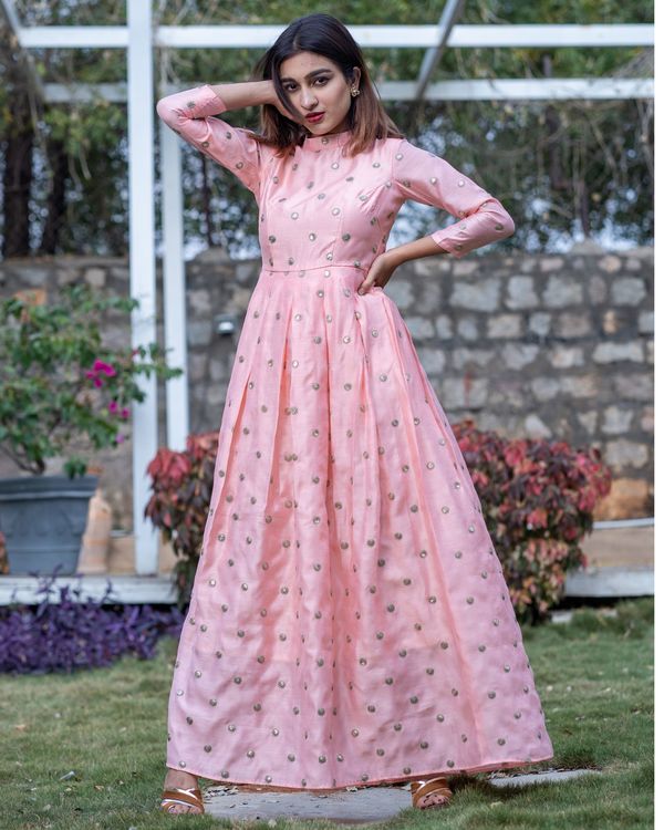 Pink embroidered box pleated chanderi dress 2