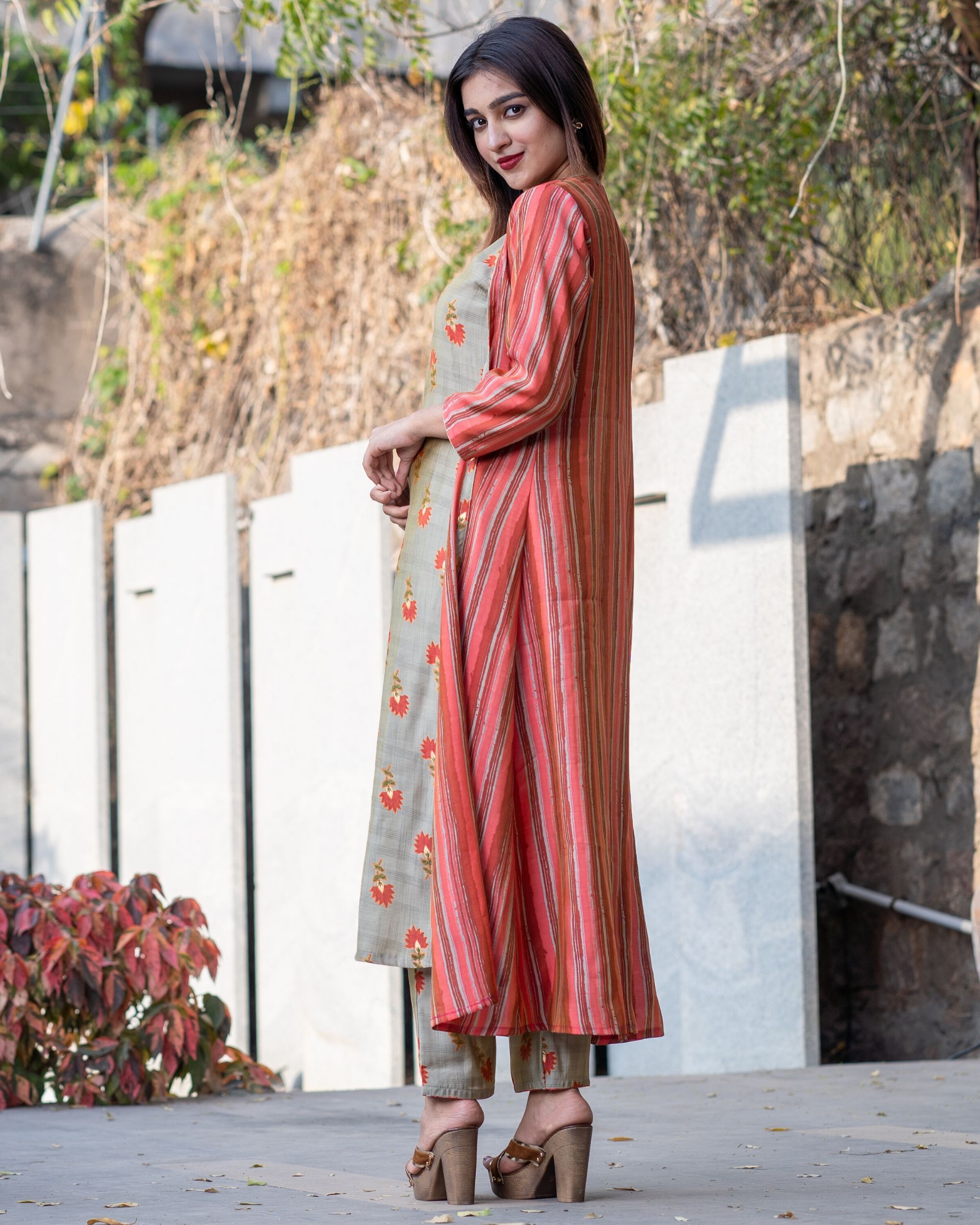Khaki floral boota kurta and pants with red striped jacket- Set Of ...