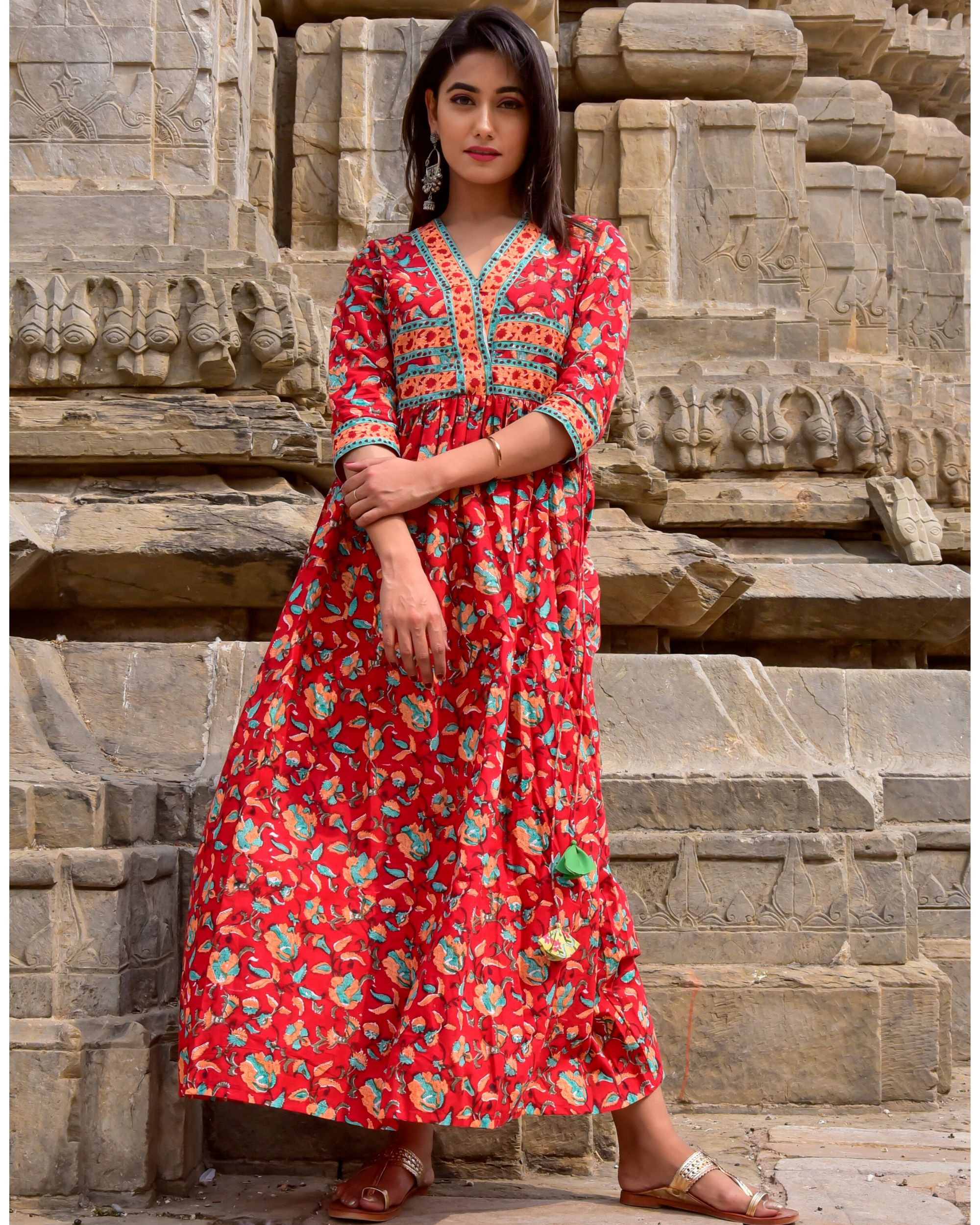 Red floral jaal dress by Kaaj | The Secret Label