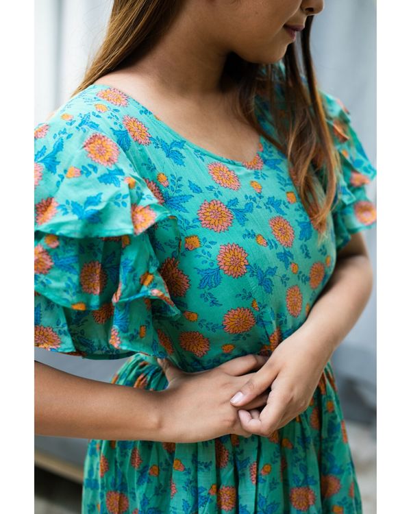 Turquoise and peach floral printed flutter dress 3