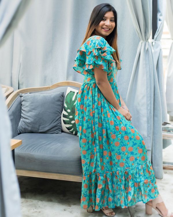 Turquoise and peach floral printed flutter dress 2