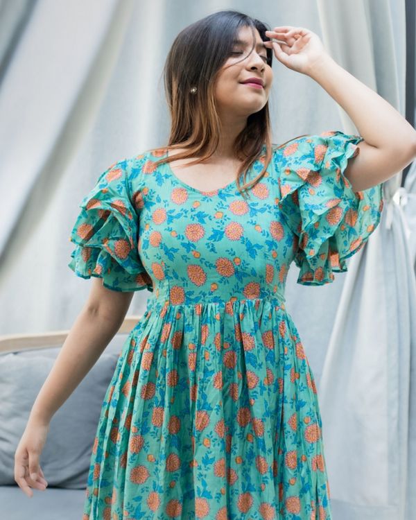 Turquoise and peach floral printed flutter dress 1
