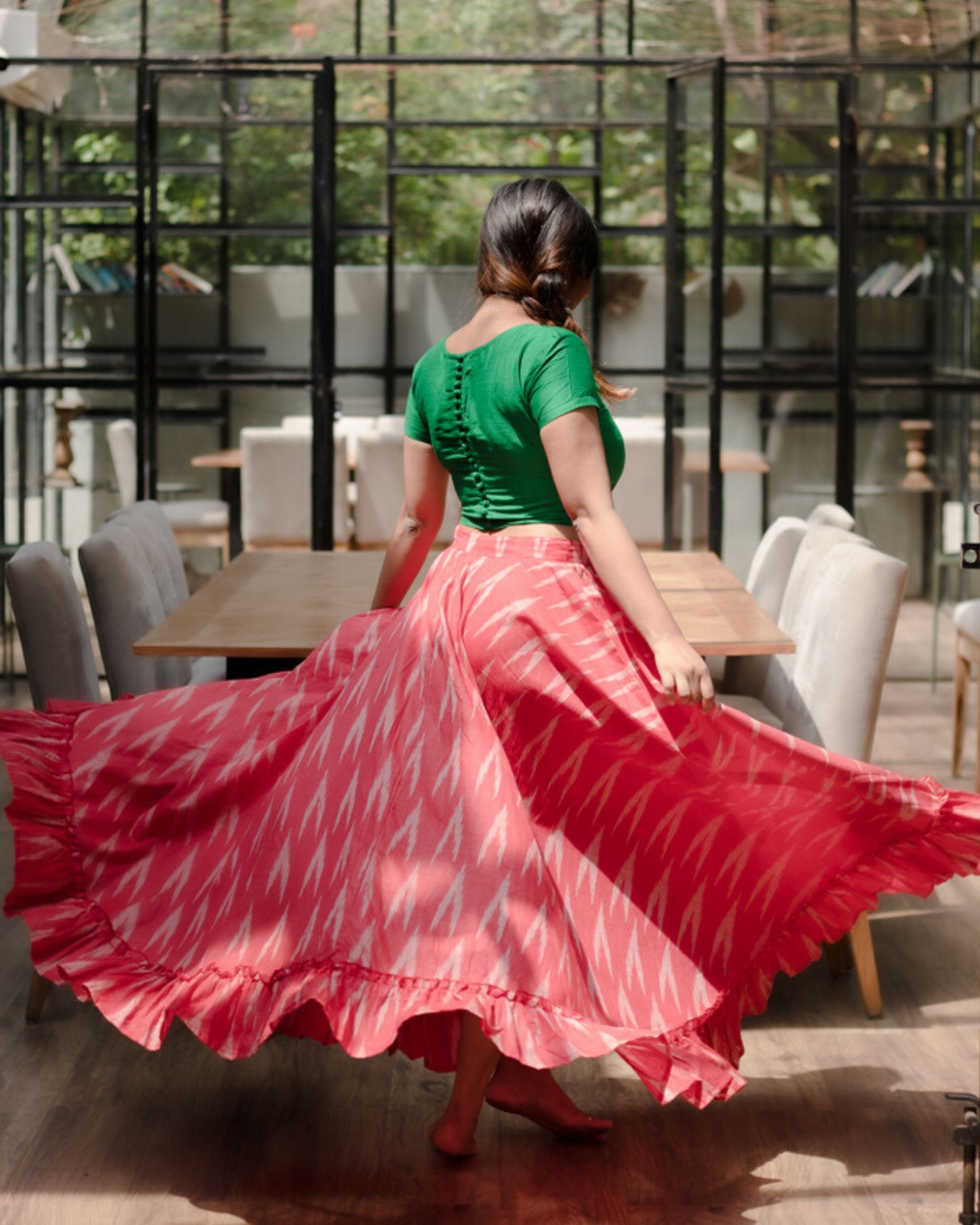 Shamrock green crop top with red ikat printed skirt set of two by