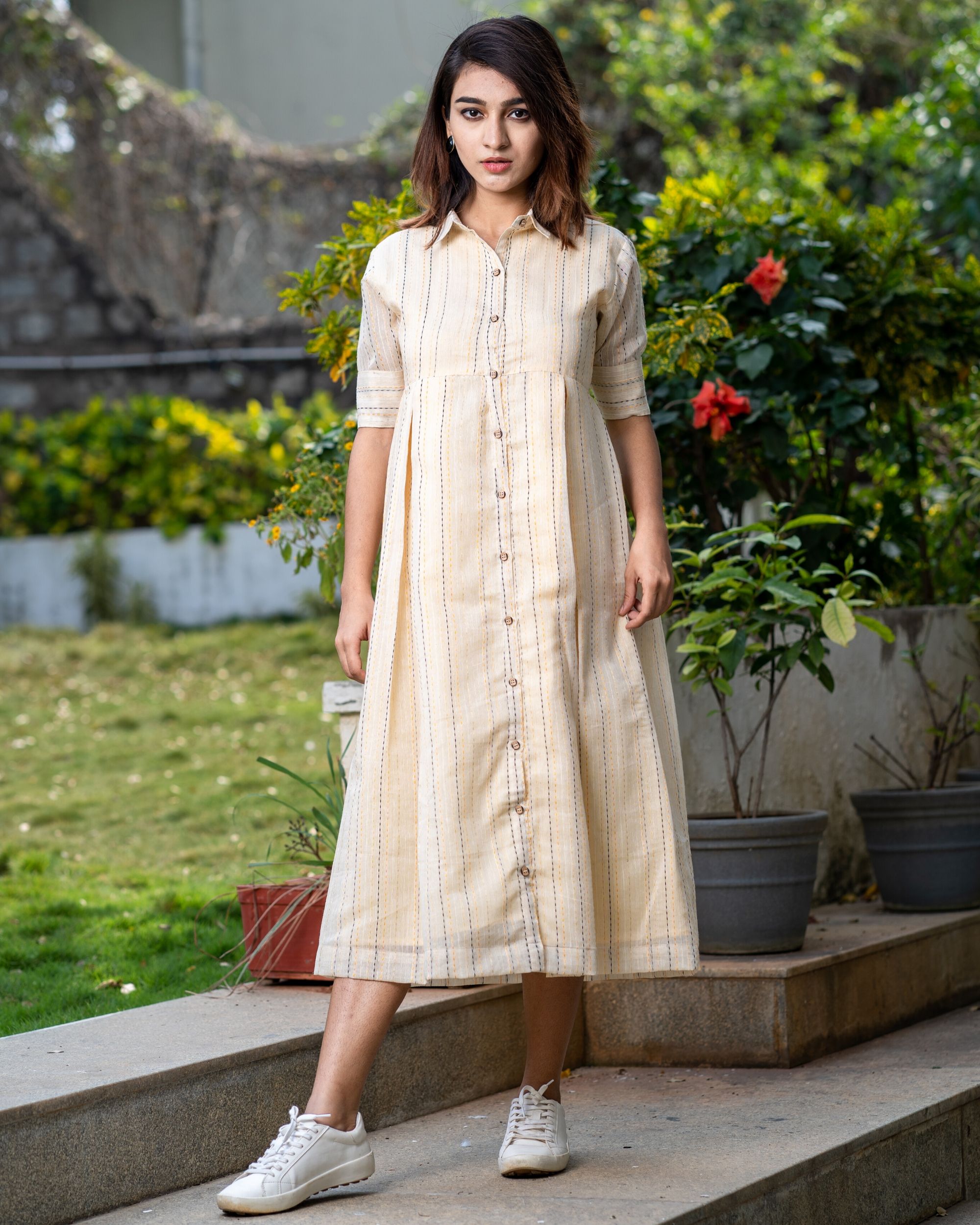 Light beige button dress with thread work by Desi Doree | The Secret Label
