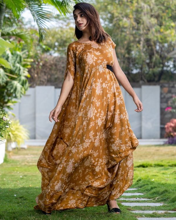Cider orange floral dress with side belt by Desi Doree | The Secret Label