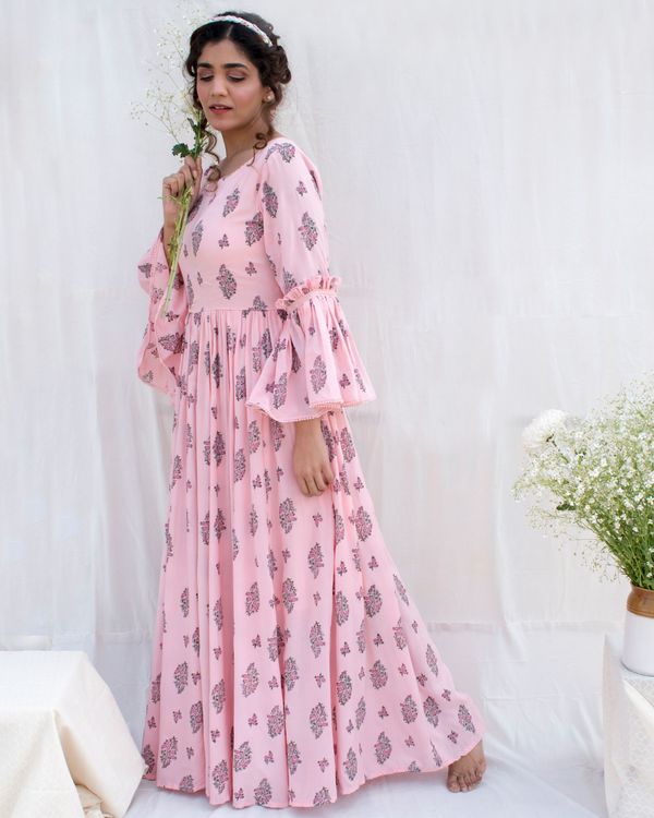 Pink block printed gathered anarkali dress 2