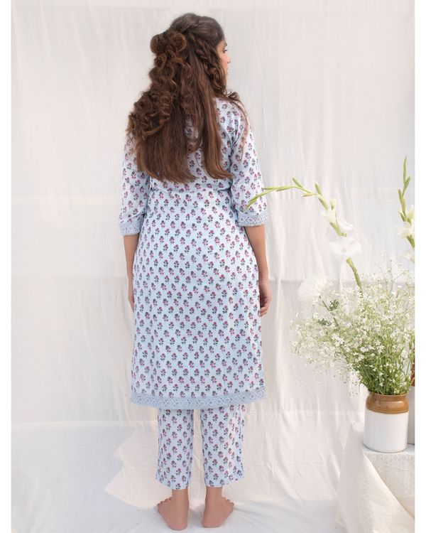 Powder blue block printed kurta and pants- Set Of Two 1