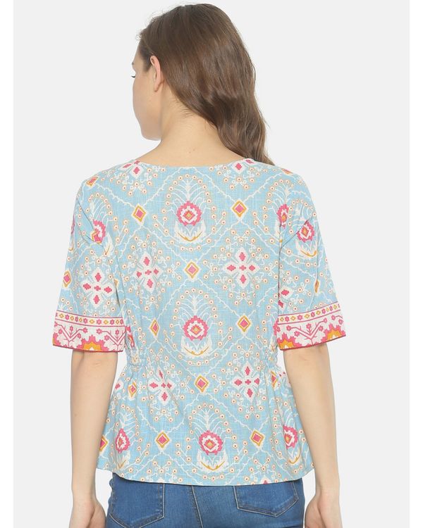 Light blue printed top with pinched waist 1