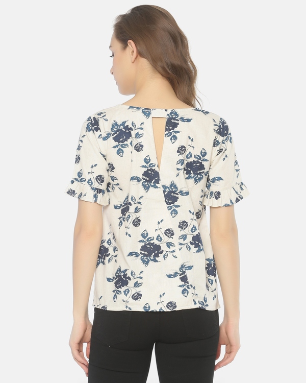 Off white and blue floral printed cut work top 1