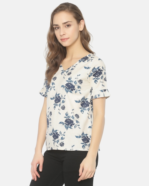 Off white and blue floral printed cut work top 2