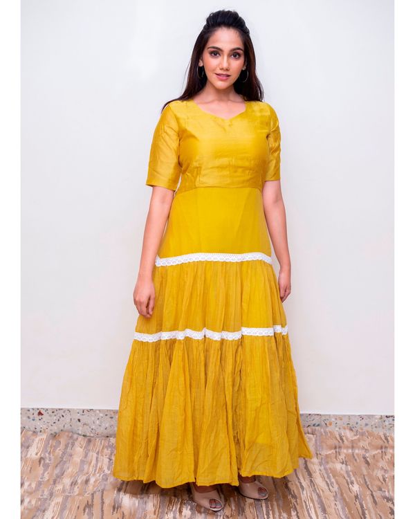 Mustard yellow tiered lace dress by Label Hina Jain The Secret Label