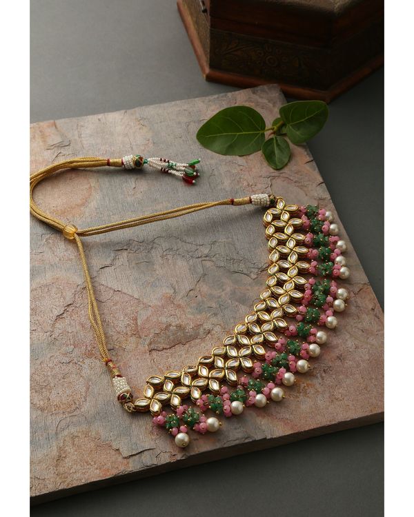 Pink and green kundan choker neckpiece with pearls 1