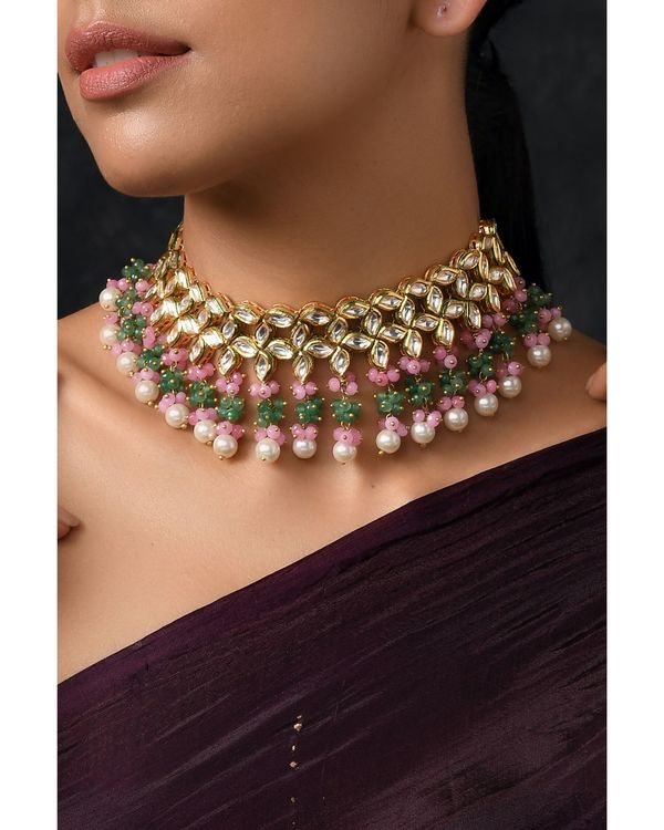 Pink and green kundan choker neckpiece with pearls 2