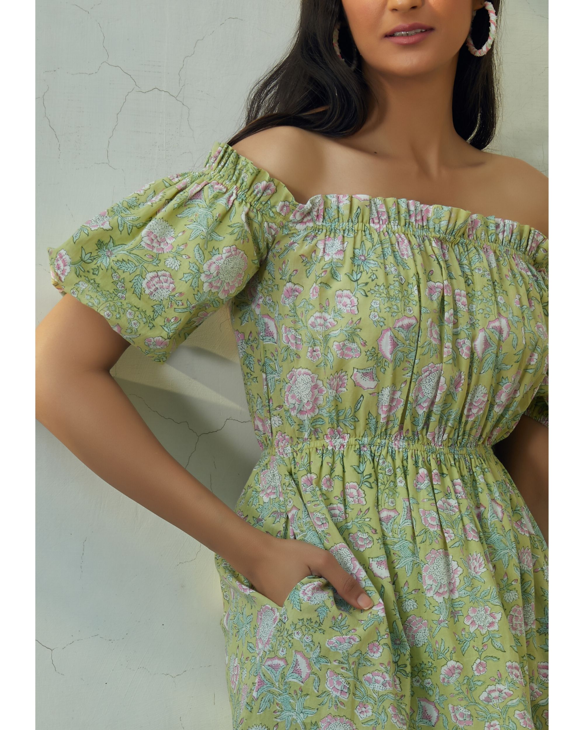 Green printed off shoulder dress by Ekanya