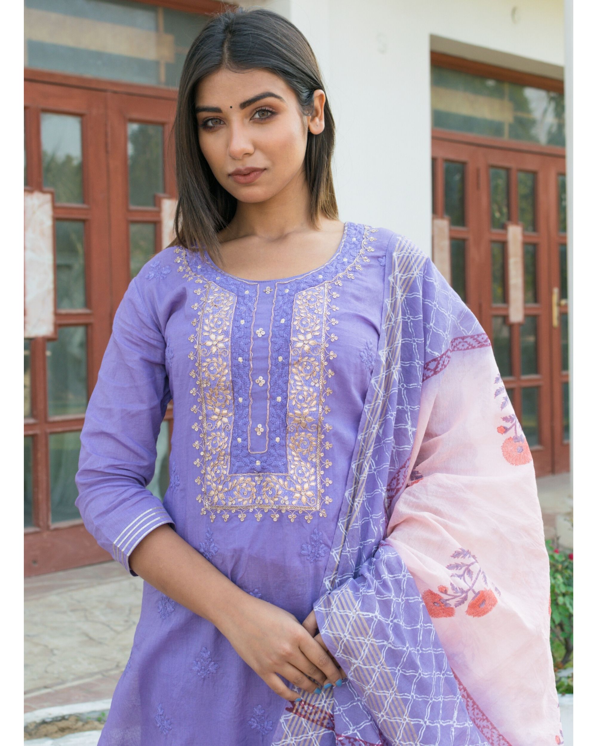 Violet embroidered kurta and pants with printed dupatta- Set Of Three ...