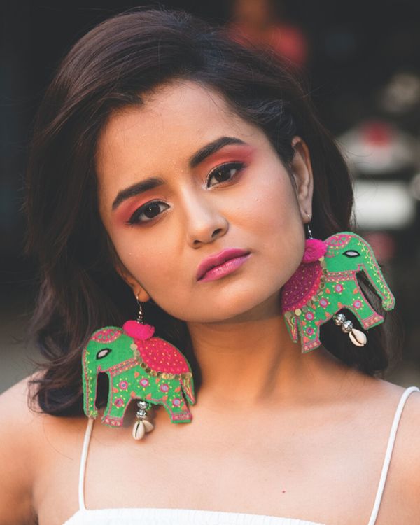 Green embroidered elephant earrings 1