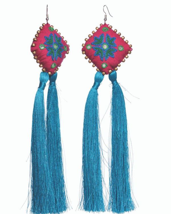 Turquoise and pink aari work tassel earrings 1