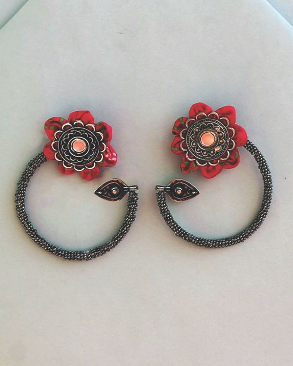 Red floral beaded hoop earrings 1