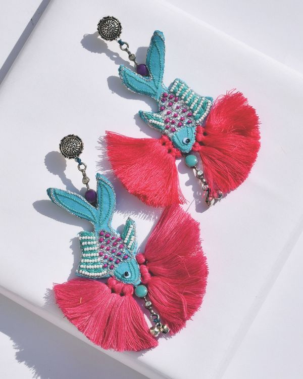 Pink and blue embroidered fish tassel earrings 1
