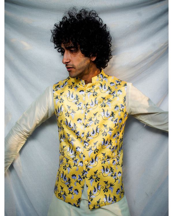 Yellow floral printed nehru jacket 1