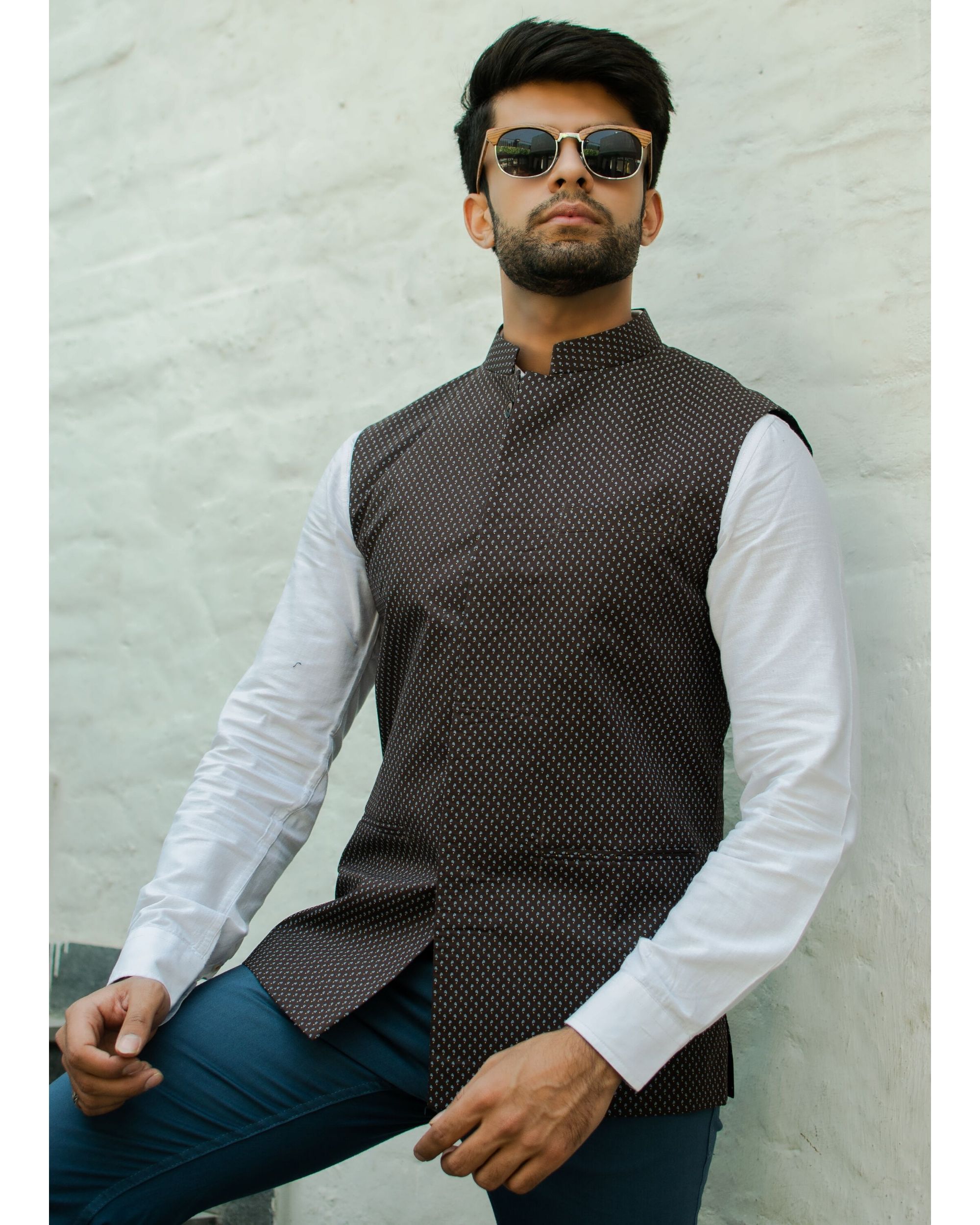Brown printed nehru jacket by Armen | The Secret Label