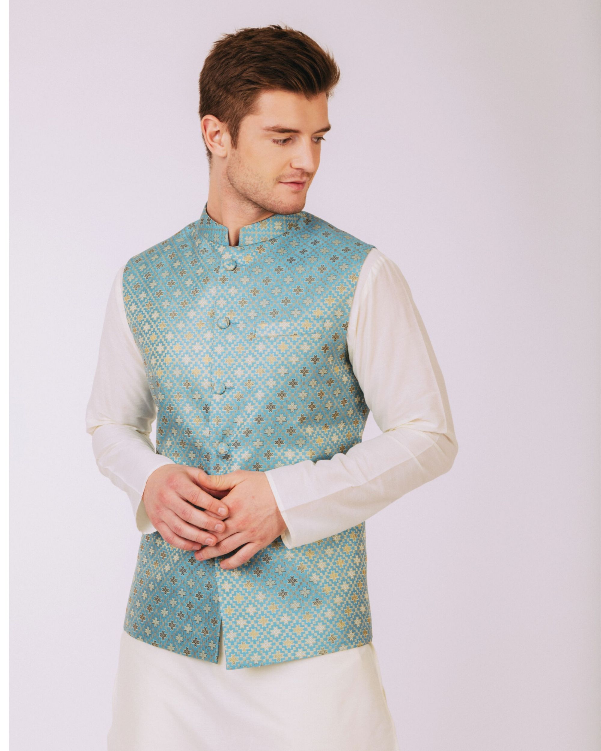 Aqua blue floral nehru jacket by Armen | The Secret Label