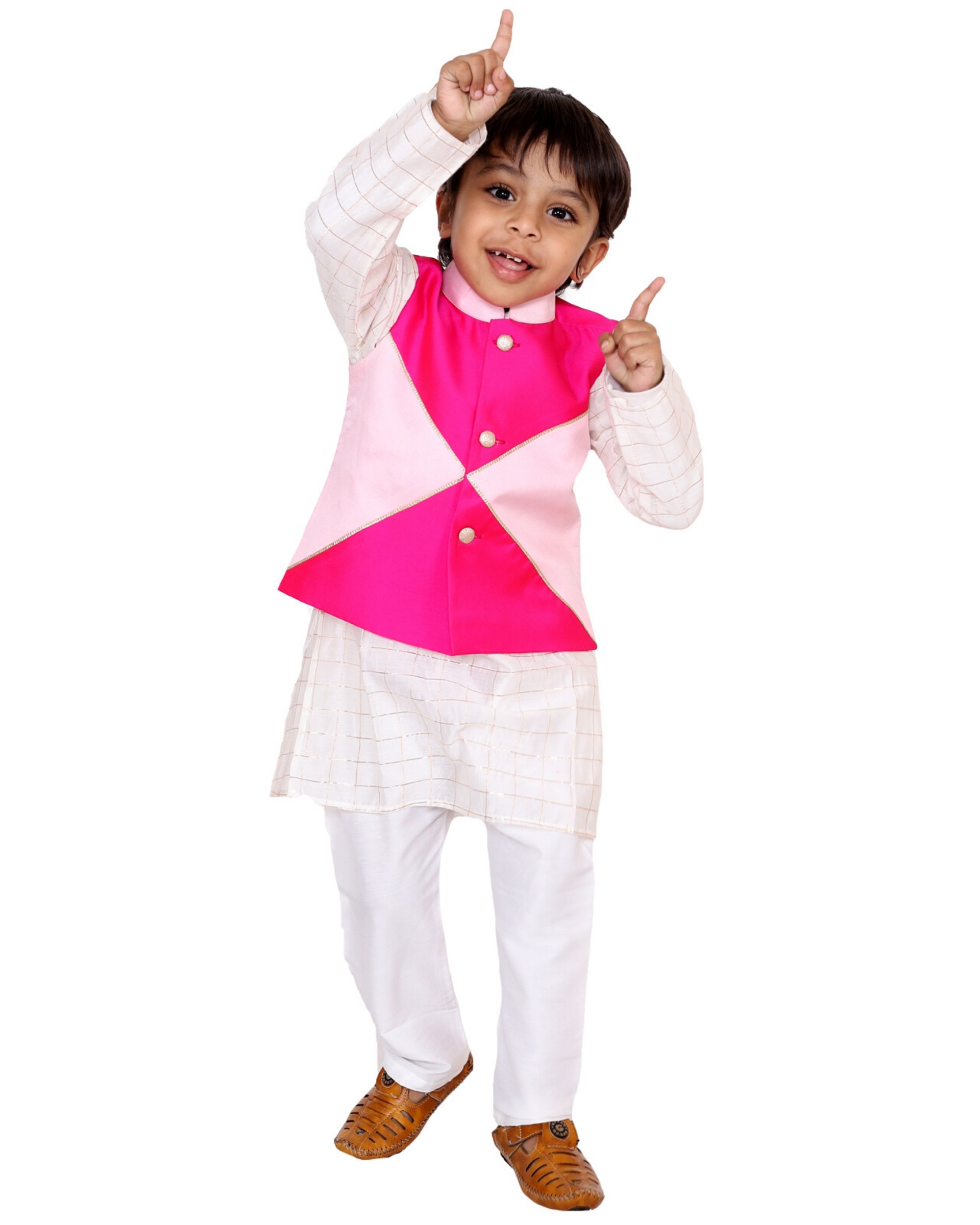 Pink box nehru jacket with kurta and pants- Set Of Three by Tiny