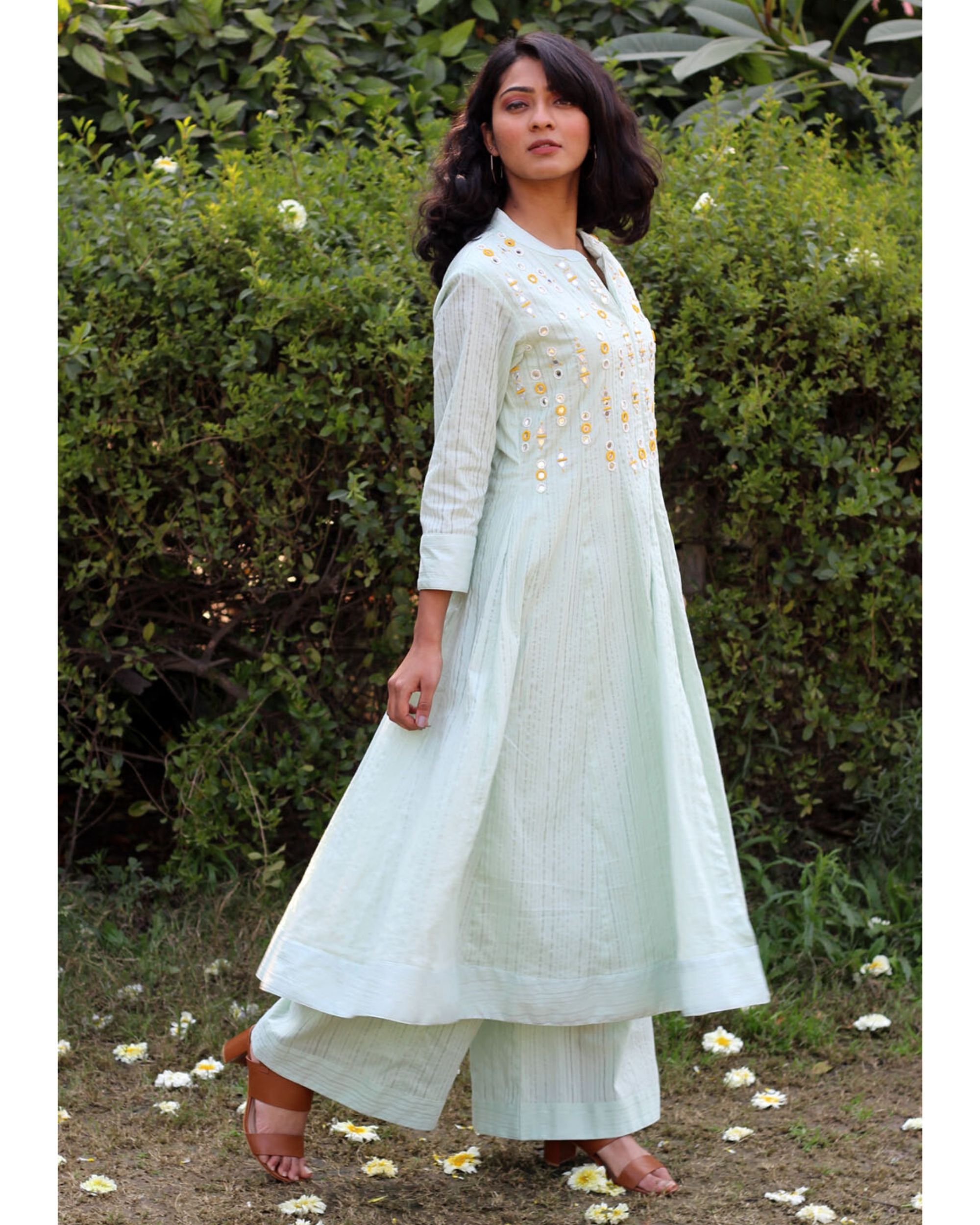 Green embroidered cape kurta and palazzo- Set Of Two by Anecdotes | The ...