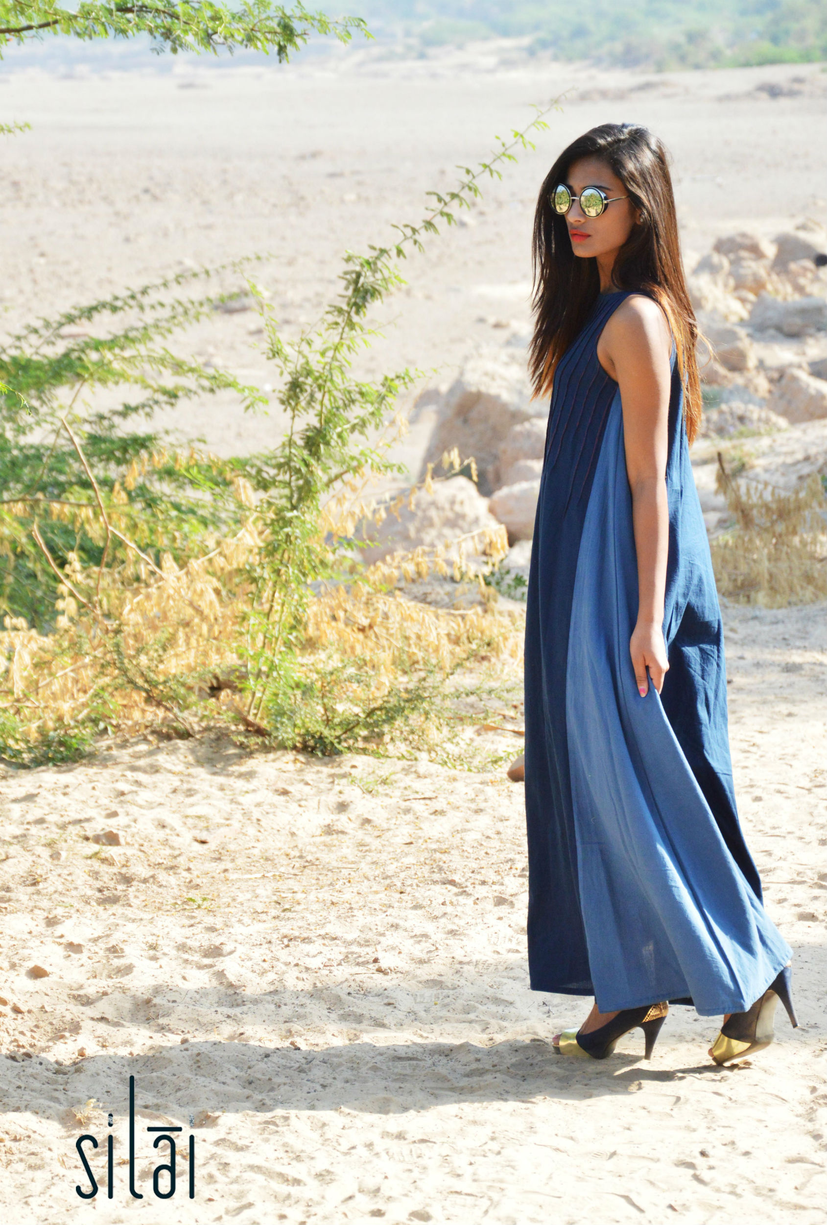 Indigo Maxi Dress With Pin Tucks By Silai The Secret Label 